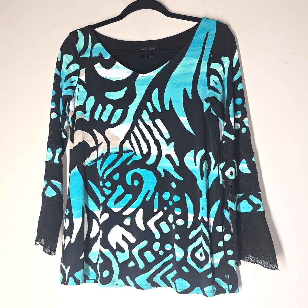 Eva Varro Abstract Tunic Top Womens S Blue Black Long Sleeve USA Made